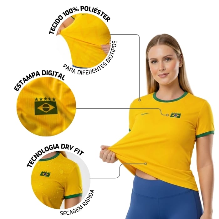 Camisa Brasil Feminina 2026 Torcedor Dry Fit Amarela Futebol 