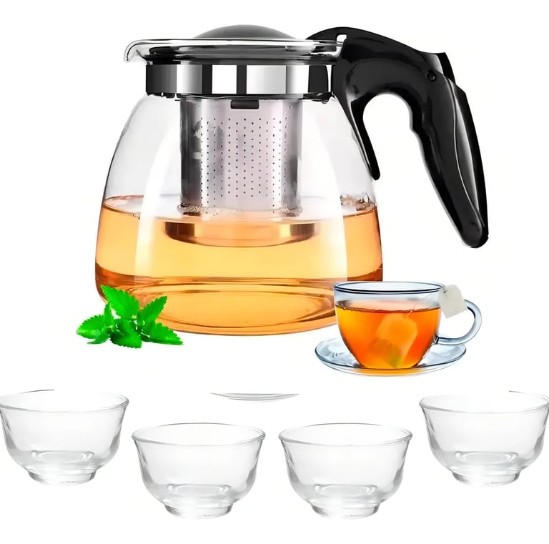 Chaleira de Vidro 1L com Infusor Inox e 4 Xícaras Kit Chá