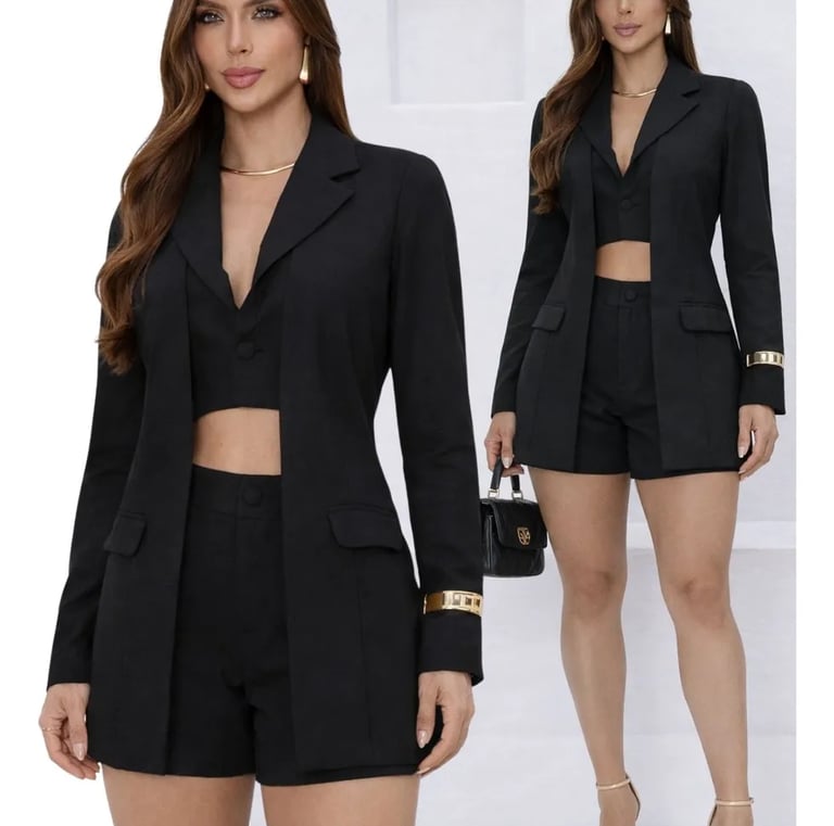 Conjunto Feminino Blazer Colete Duplo Shorts Casual Elegante