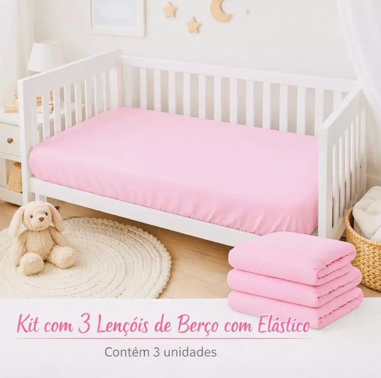 Kit 3 Lençol Berço Americano Percal 400 Fios Macio com Elástico 130x70cm 