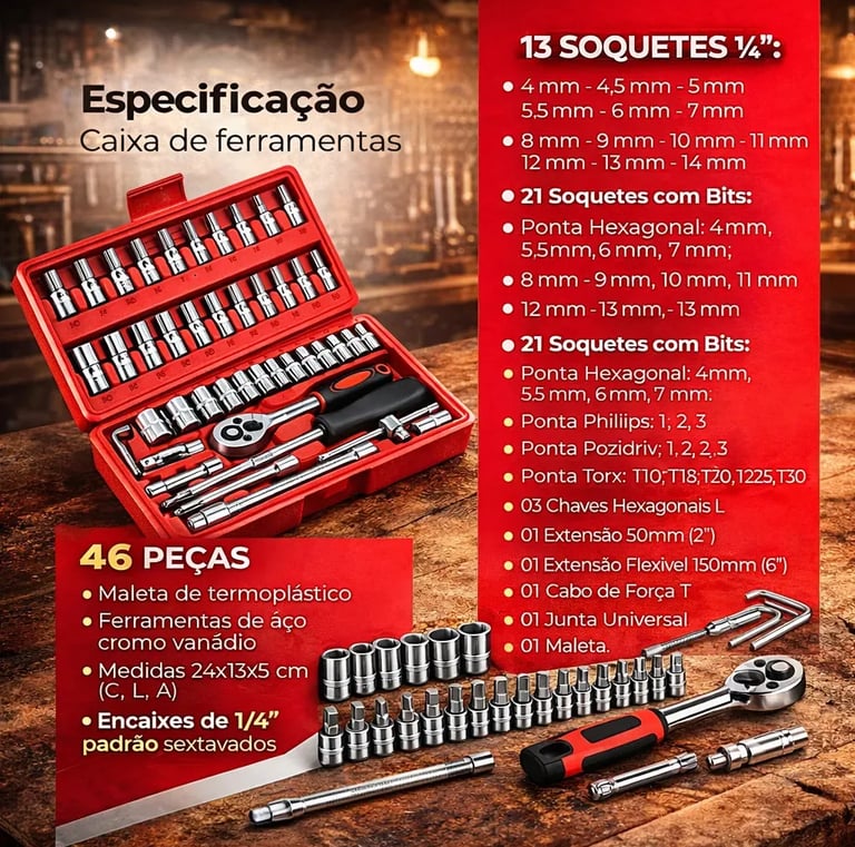 Kit Chaves Ferramentas 46 Peças com Maleta