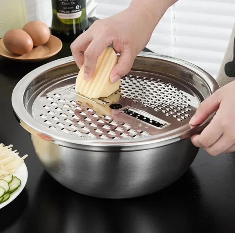 Tigela Inox 4 Em 1 Ralador Fatiador Bacia Legumes Queijo Manual 26cm Cozinha Prática Tampa Ralador
