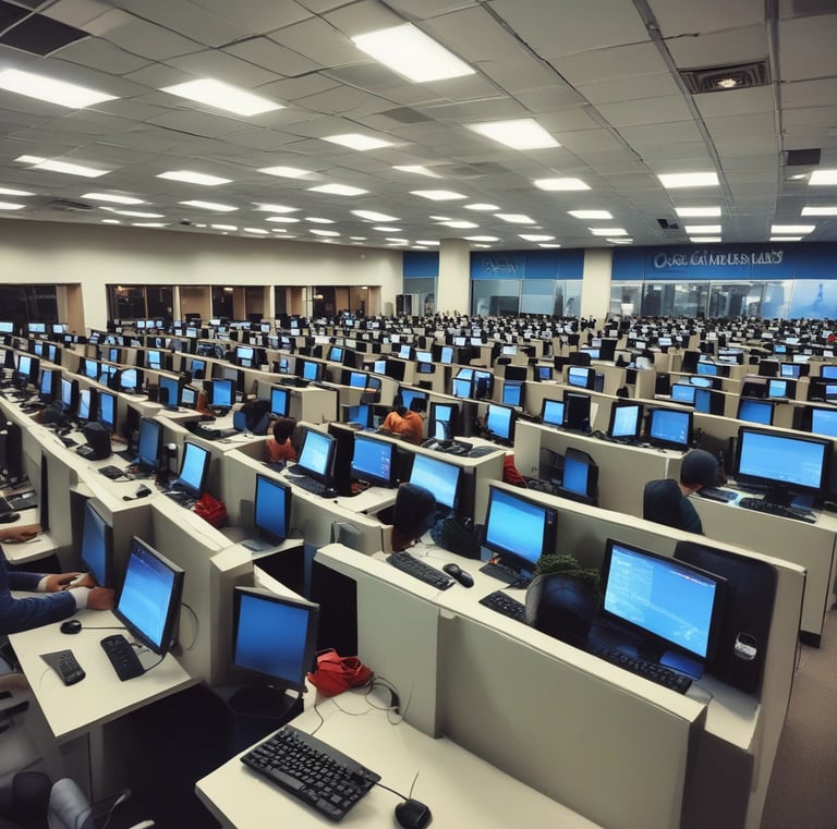 A busy airport terminal with passengers walking and standing near check-in counters. The interior features high, curved ceilings and prominent signage for departures and security. Several carry-on suitcases and travel bags are visible.