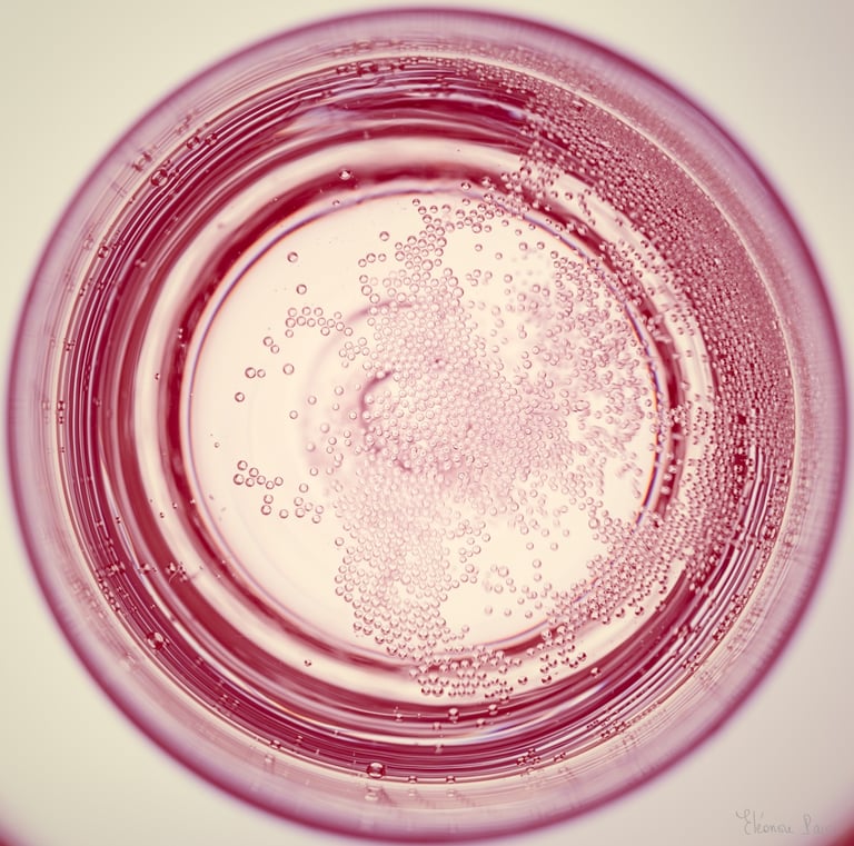 Le Vin en Rose – Vue plongeante sur un verre de vin pétillant