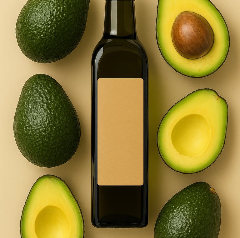 Glossy dark glass bottle of avocado oil surrounded by fresh whole and halved avocados, neatly arrang