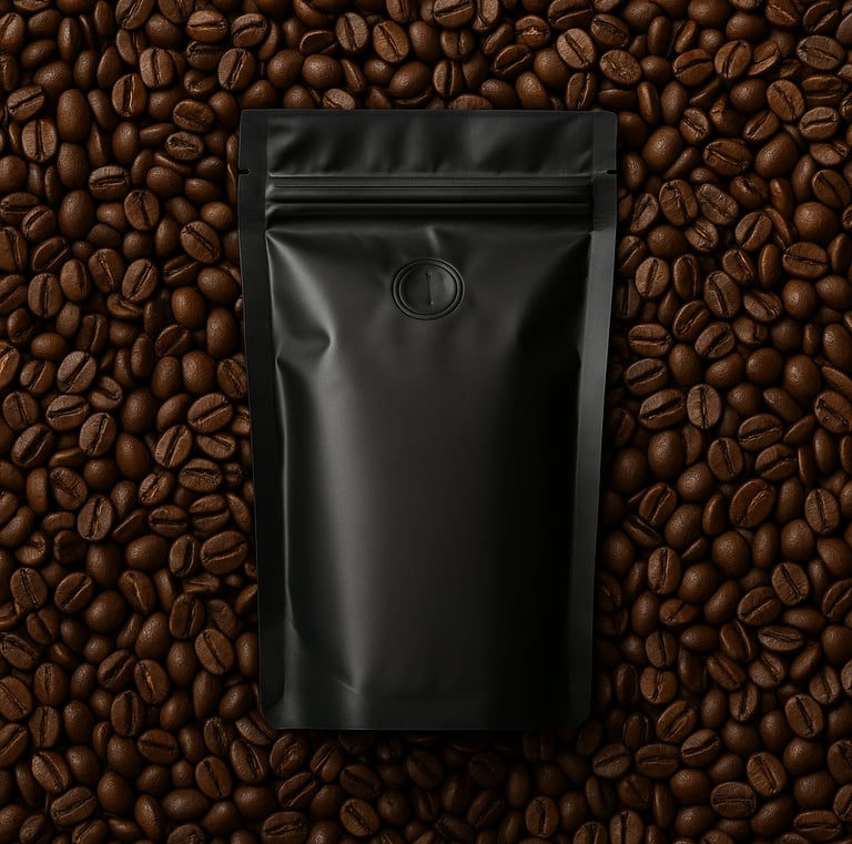 Matte black coffee bag centered on a background of roasted coffee beans in rich brown tones, viewed 