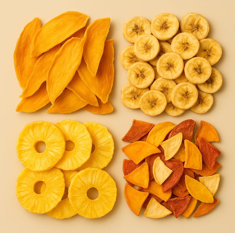 Flat lay of four dried fruit varieties: mango slices, banana chips, pineapple rings, and assorted dr