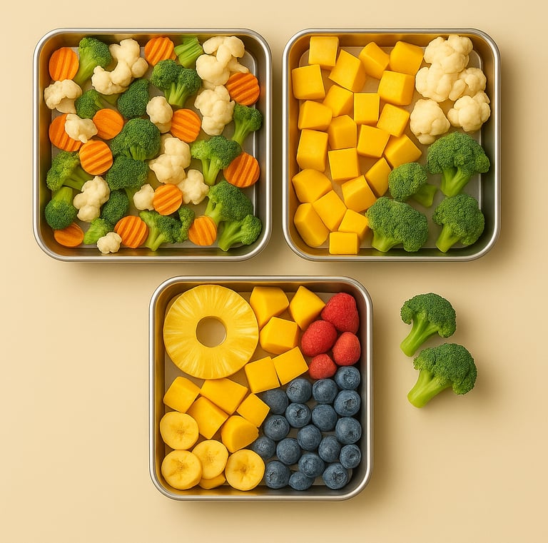 Stainless steel trays with frozen broccoli, cauliflower, carrots, mango cubes, pineapple, banana sli