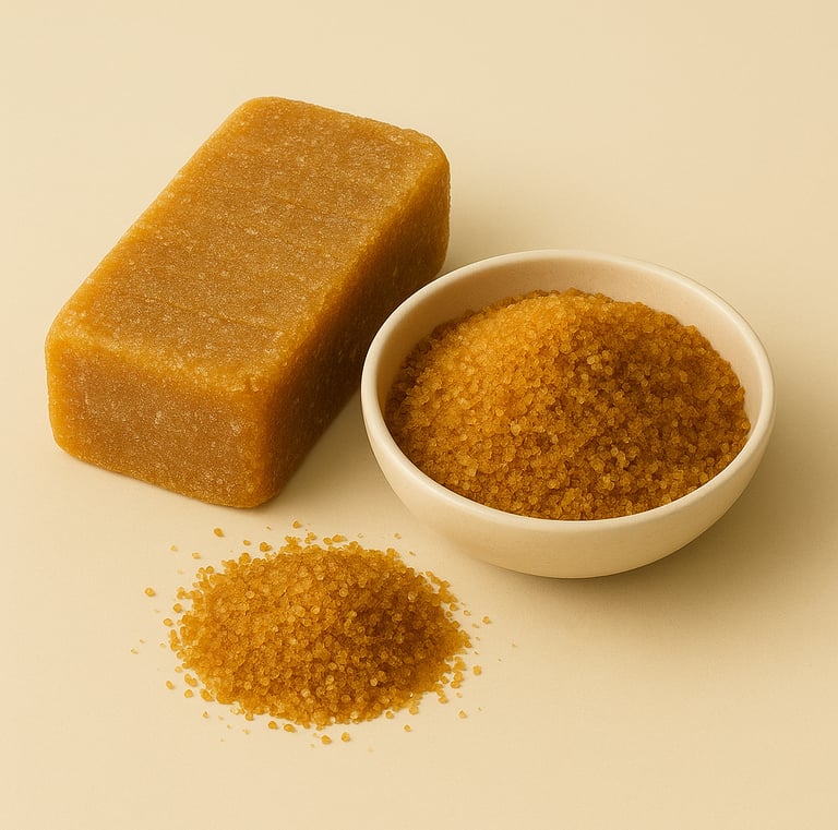 A rustic block of Colombian panela next to a bowl and small pile of golden granulated cane sugar on 