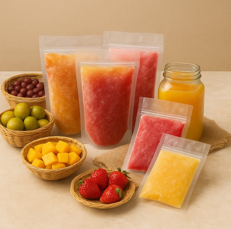 Assorted frozen fruit pulp bags and a glass jar of juice surrounded by fresh limes, grapes, mango cu