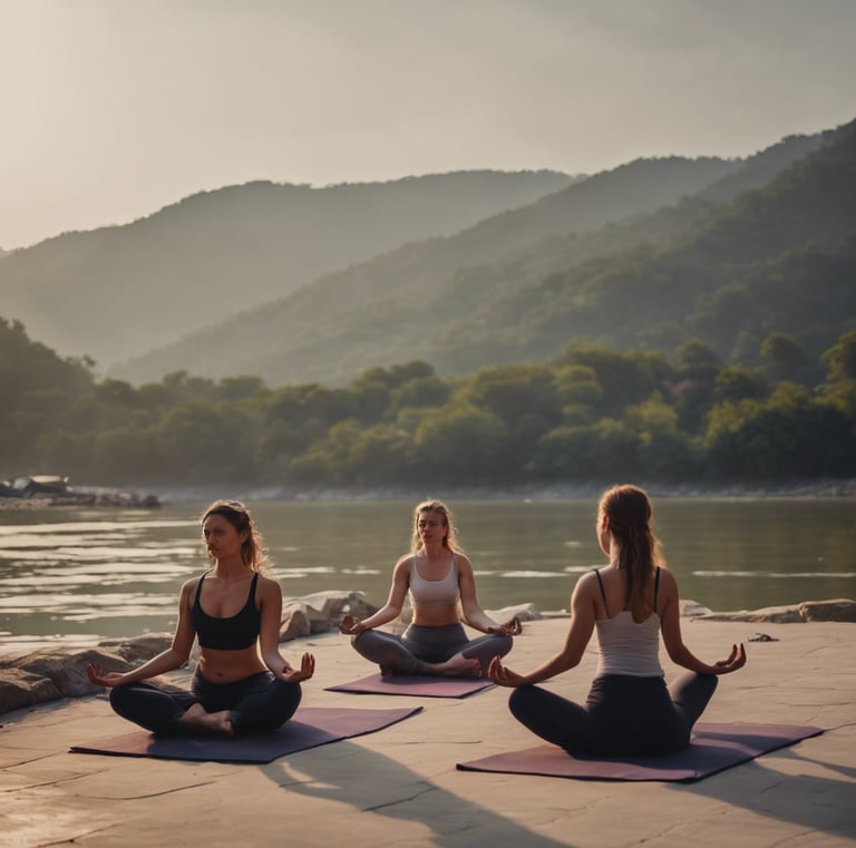 ladies doing yoga next to river ganga in Rishikesh