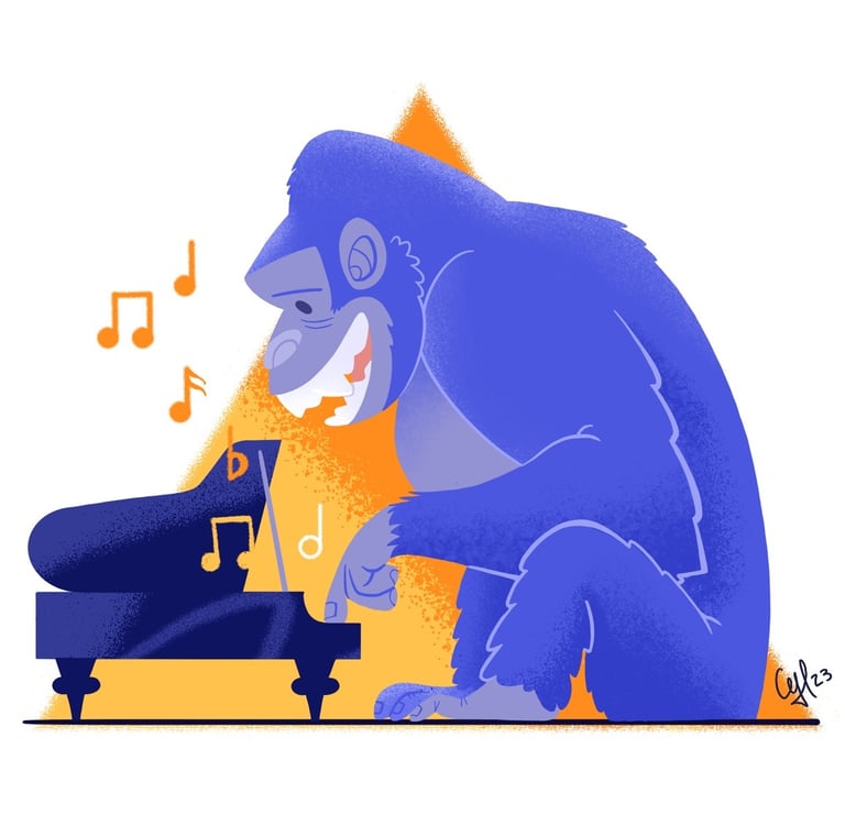 Ilustração de um gorila a tocar piano.