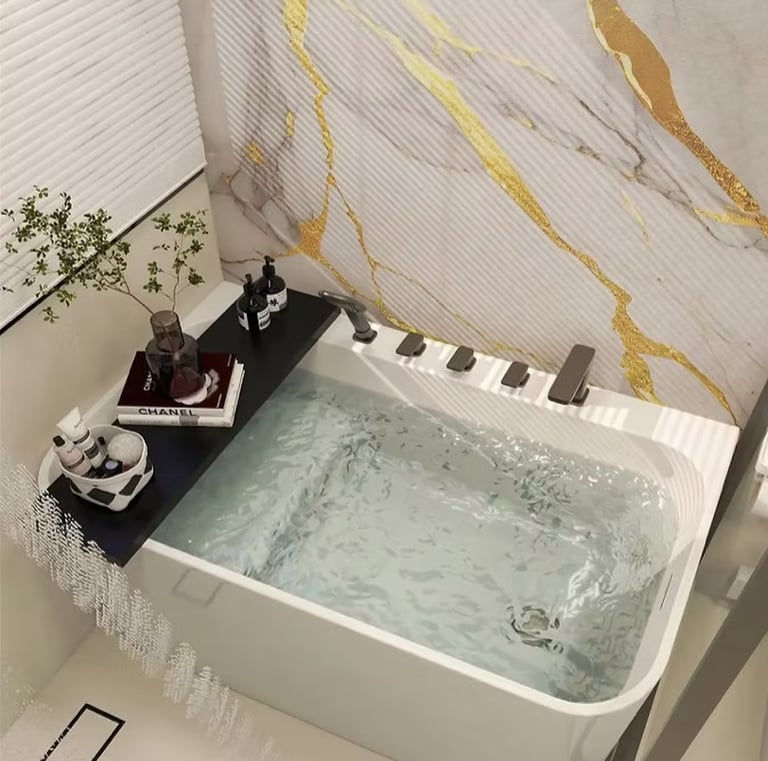Luxury modern bathtub with gold-veined marble walls, filled water, and a black bath caddy tray.