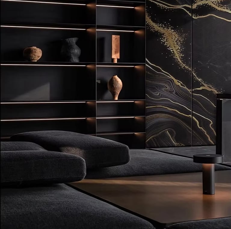 Luxury modern living room with black backlit shelving, marble wall art, and a plush dark sofa.