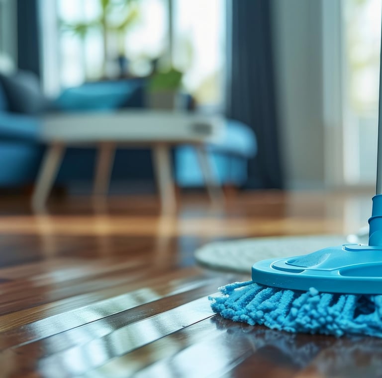 Two mop sticks standing on a clean wooden floor