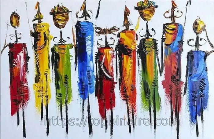 a painting of a group of people in colorful colors