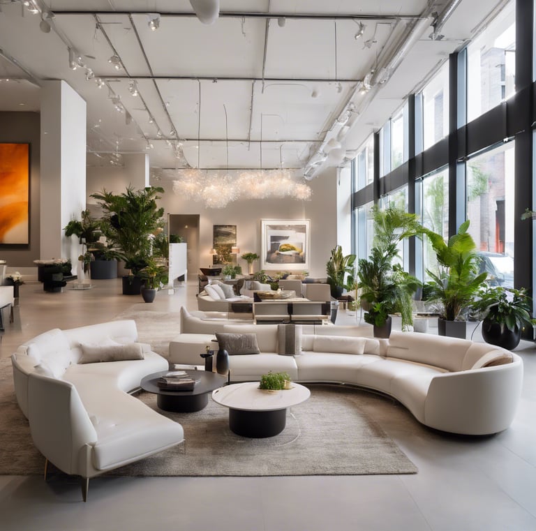 A modern and inviting interior design showroom with sleek, contemporary furniture arrangements, warm