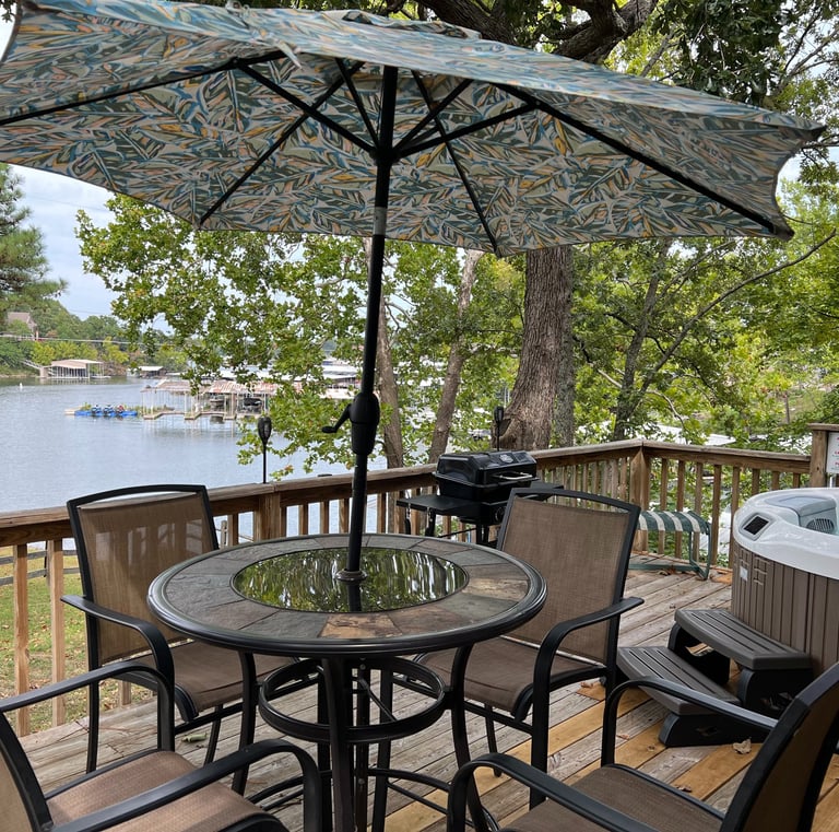 Deck seating with lake view