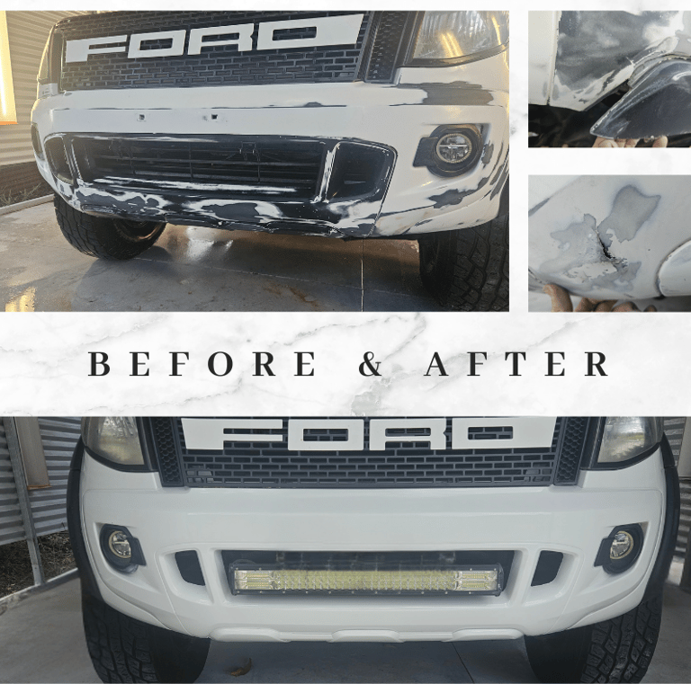 Front Bumper Plastic Welded, Repaired view of a before and after