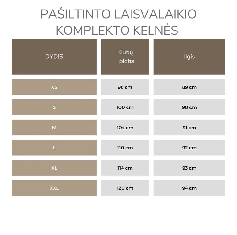 Laisvalaikio kelnių išmatavimai