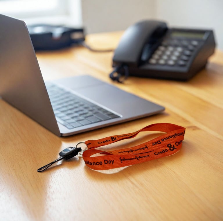 una computadora portátil y una cinta lanyards presentando el merchandisng de un cliente