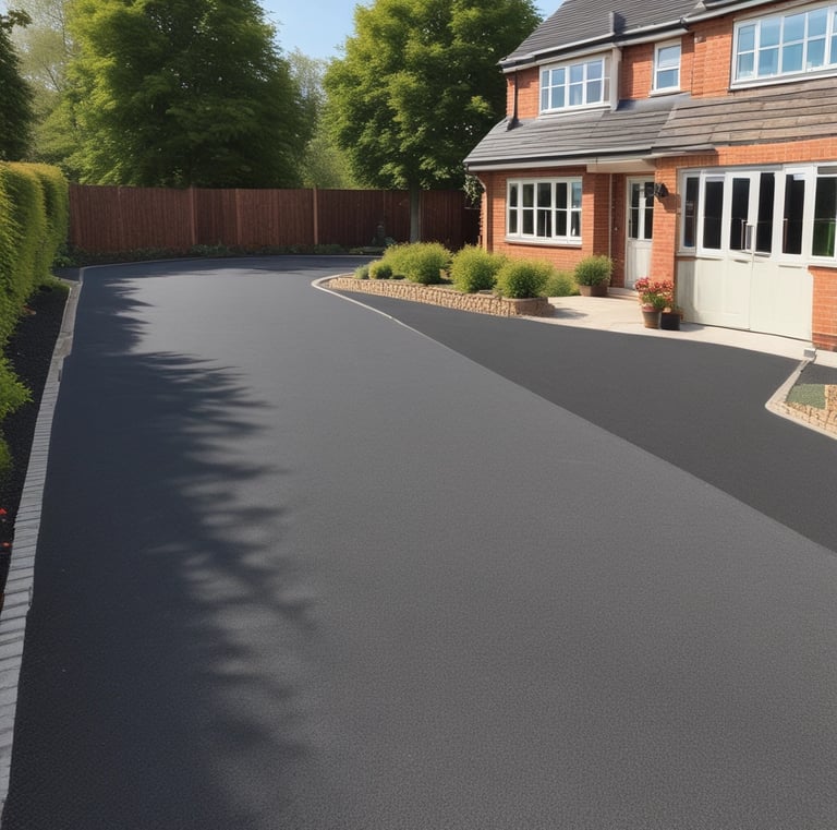 A garden landscape with a stone path leading through a green lawn, surrounded by lush trees and vegetation. The scene is viewed from beneath a dark wooden archway with a brick patio in the foreground and a charming building with a sloped roof in the background.