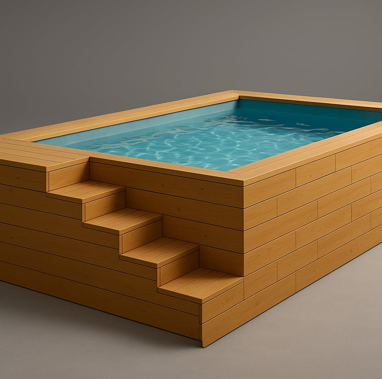 a wooden box with a pool and stairs
