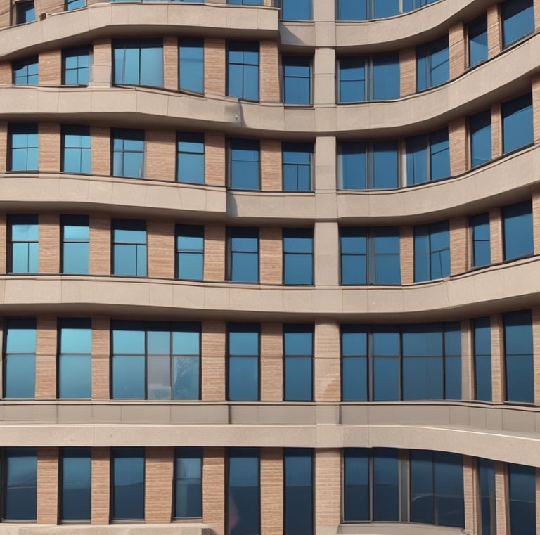 A modern building with a unique architectural design featuring a pattern of geometric brown panels and large windows. Several levels have small balconies. Two workers are suspended by ropes, performing maintenance or cleaning.