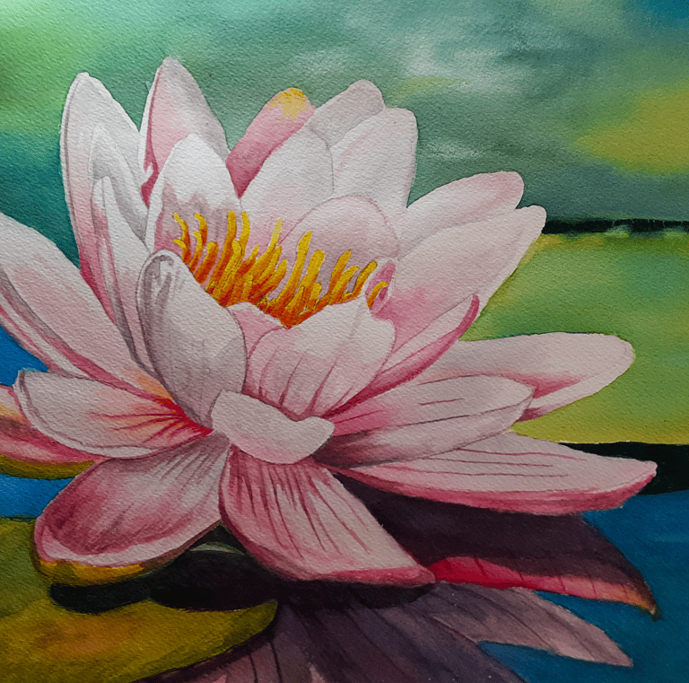 watercolor painting of a pink lotus flower and lotus pads floating in a pond