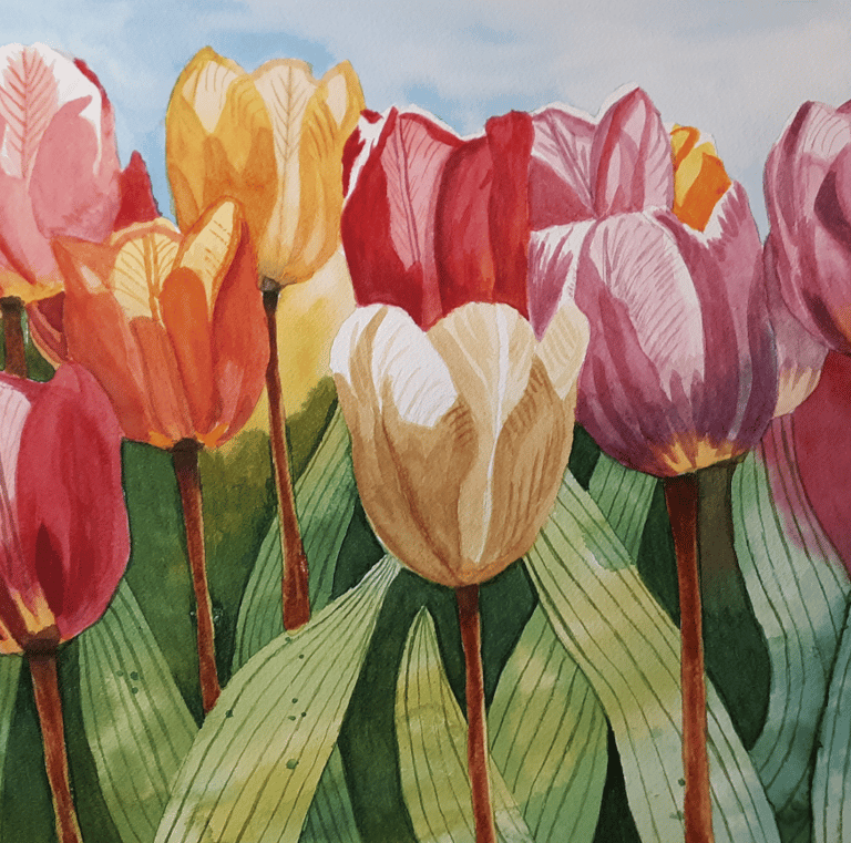 watercolor painting of tulips growing in a garden