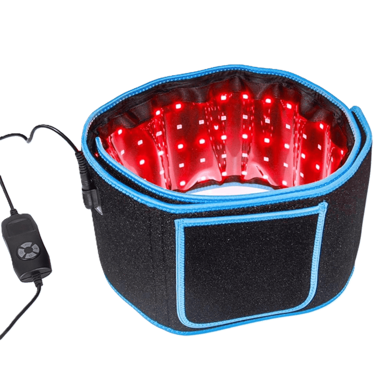 Red light therapy belt with glowing LED infrared lights for muscle recovery and pain relief.