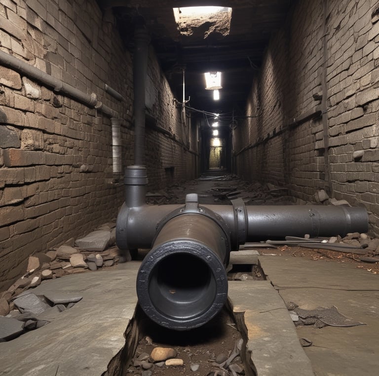 A yellow metal pipe runs horizontally along a red brick wall with a 90-degree elbow joint, showing signs of age and wear.