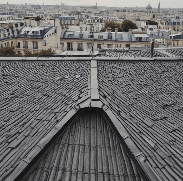 A rooftop surface with a metal drain cover and pipes protruding from the surface. The drain cover has vertical slats surrounding it. The surface appears to be slightly worn with some darker patches and dirt marks.