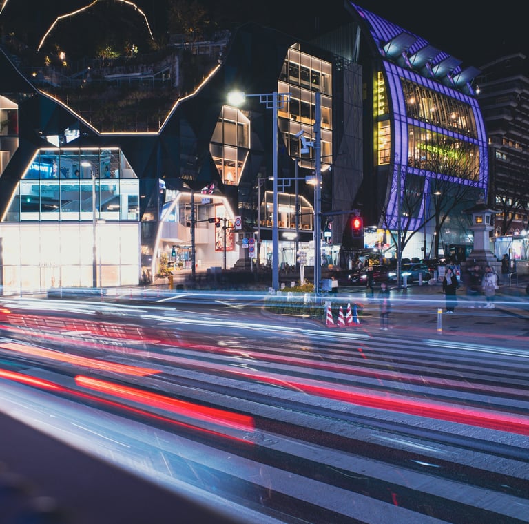 Japan, Tokyo, Harajuku showing light trails