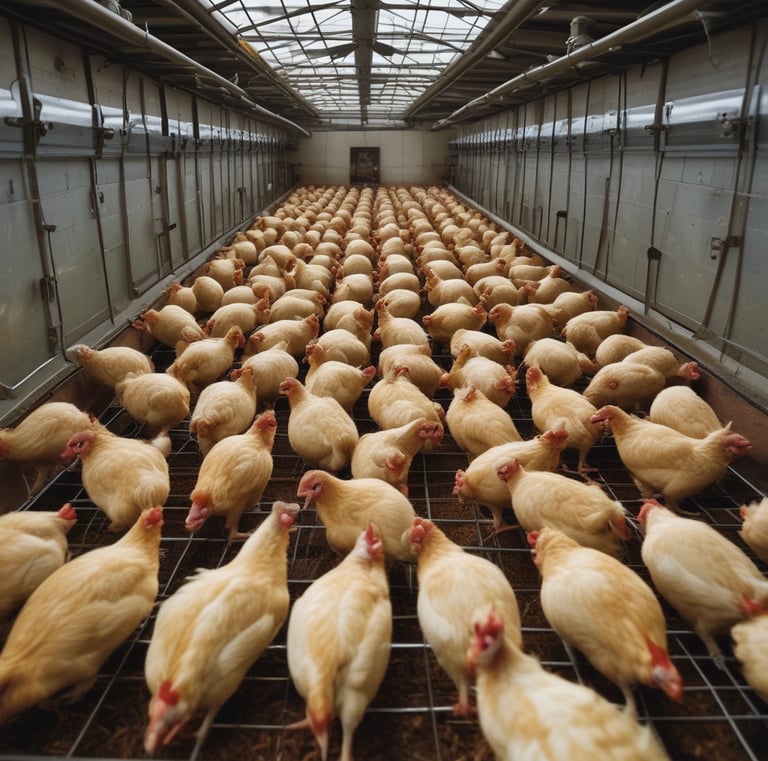 Several white chickens with red combs are standing inside a metal cage in a row. They are positioned side by side, showing limited space. The background includes a wooden structure of a typical poultry farm setup.