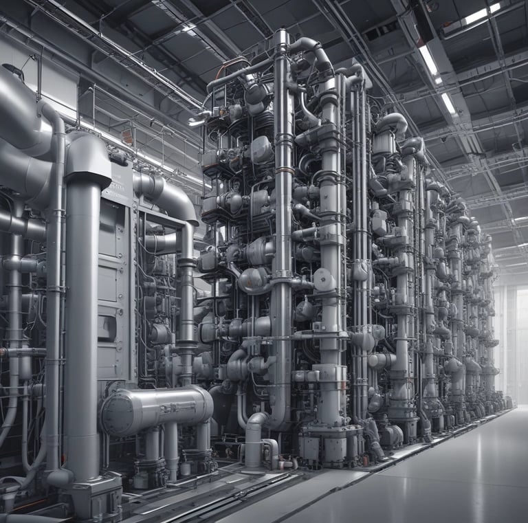 a large industrial steel pipes and pipes in a large industrial building