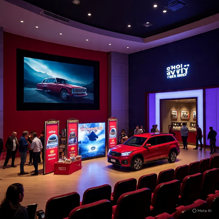 a red car is parked in a showroom