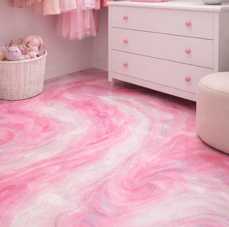 Small closet with bubblegum pink epoxy floor finish