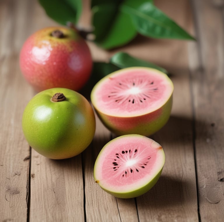 Bright pink guava fruit with green leaves on a clean white background.