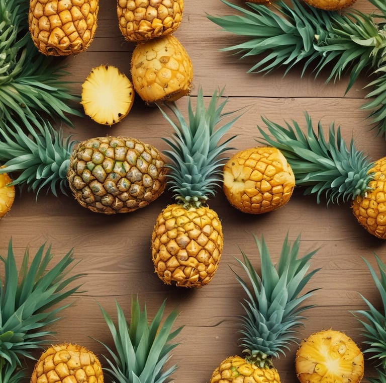 High-resolution image of a ripe pineapple with green leaves on a light neutral background.