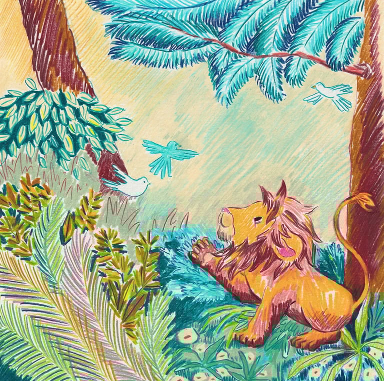 a lion cubby sitting on a tree branch