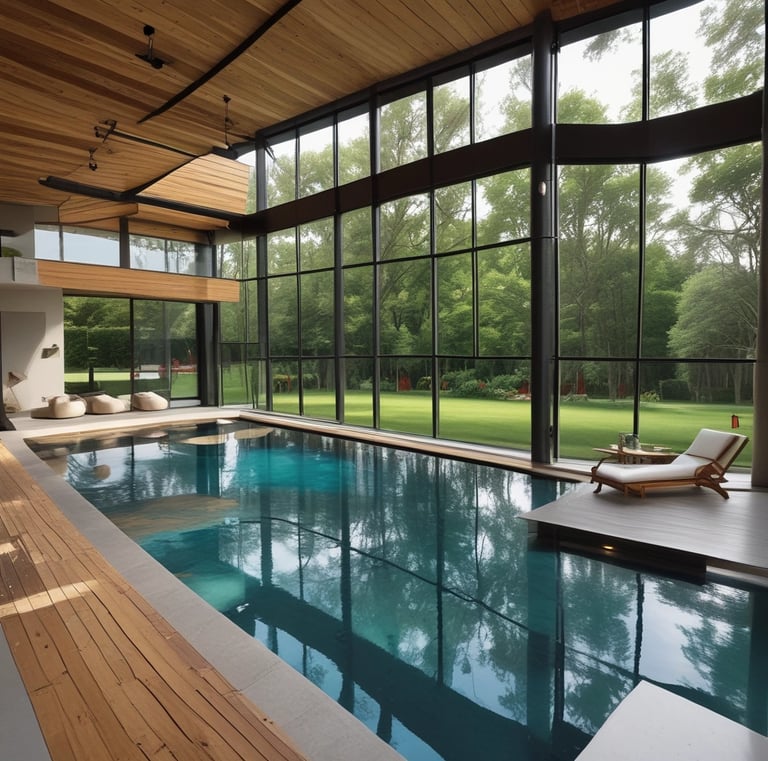A modern house featuring a pool in the foreground. The house has a sleek design with wooden and glass elements, including a large balcony and floor-to-ceiling windows. The pool area is surrounded by landscaping with plants and a tiered garden on one side. The scene captures both the structure and natural environment.