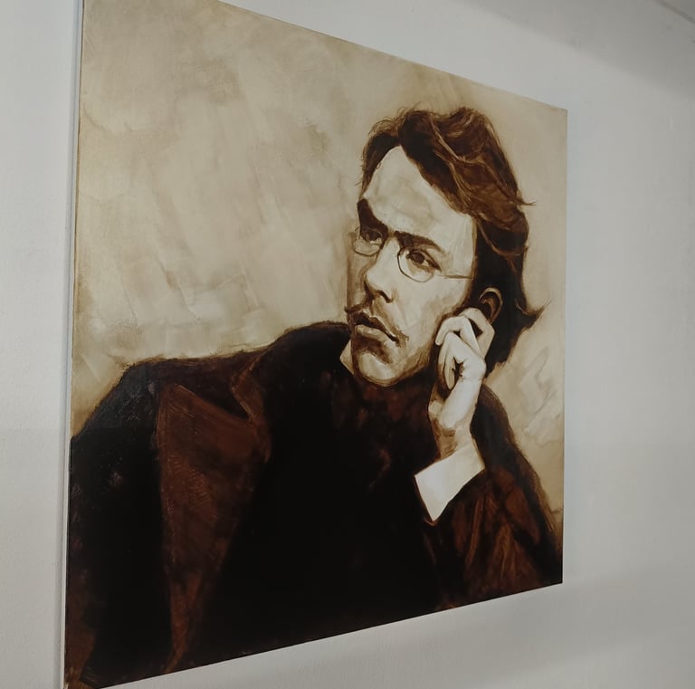 A sepia-toned oil painting of a Mainlander with glasses and a mustache on a white gallery wall.