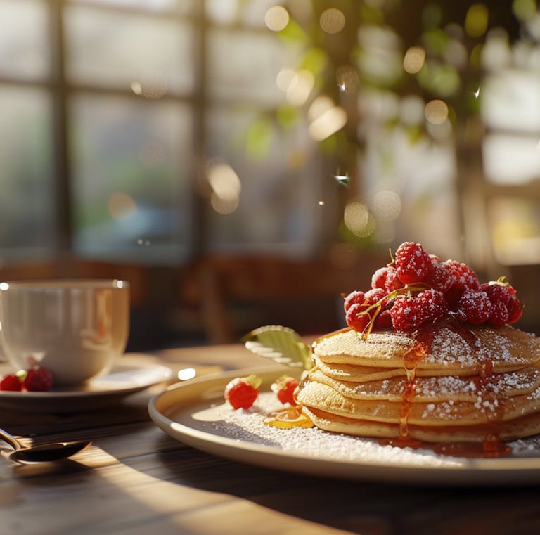 a plate of pancakes with raspberries on top of them