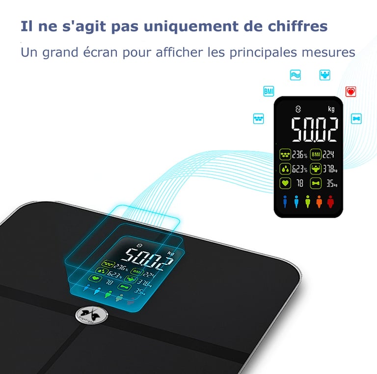 balance connectée, connexion blutooth, 14 mesure, fréquence cardiaque, imc, suivi poids, ito, 180kg
