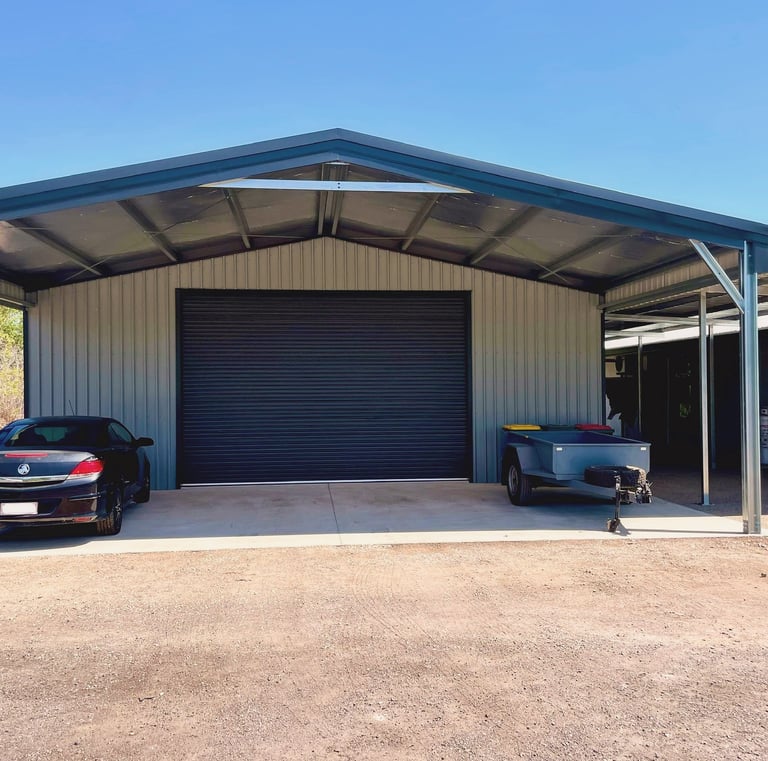 A custom build shed with a car parked in front