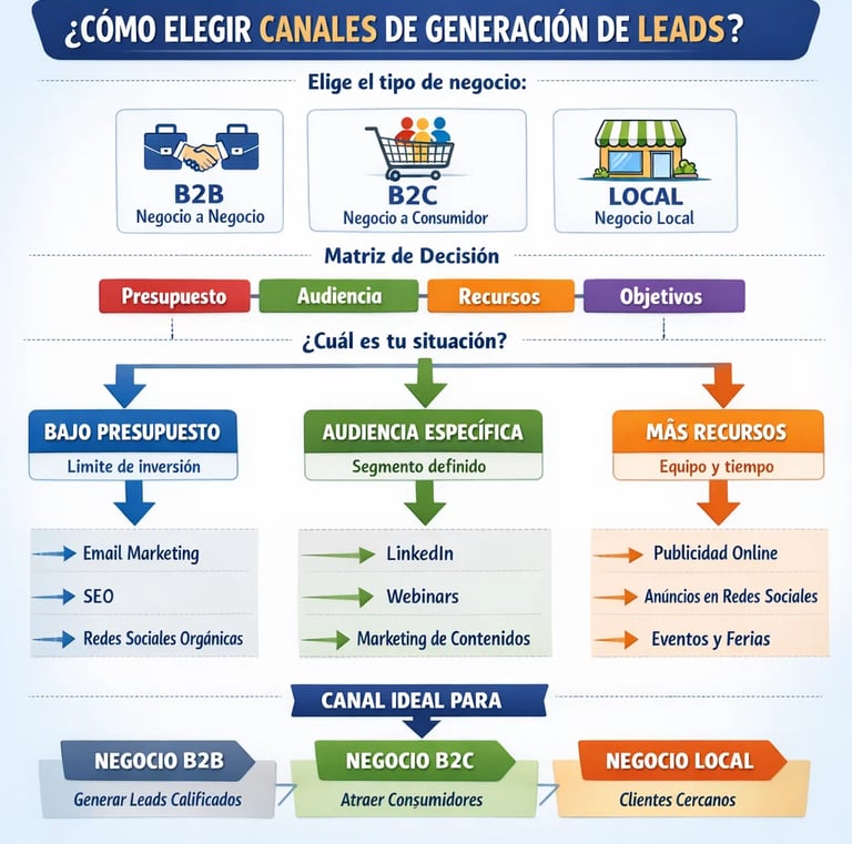 Guía de selección de canales de generación de leads digitales según tipo de negocio