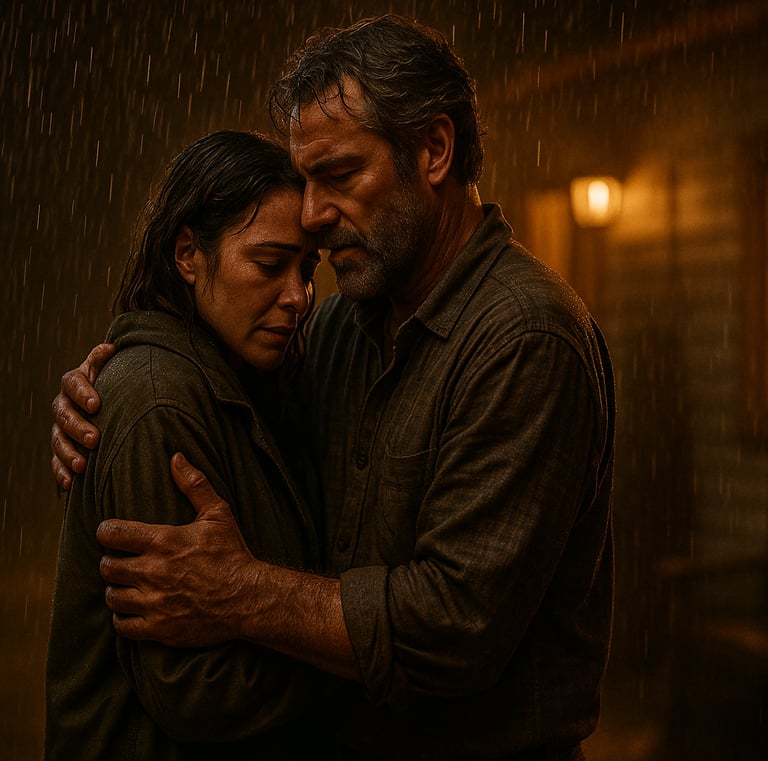 a man and woman embracing in the rain