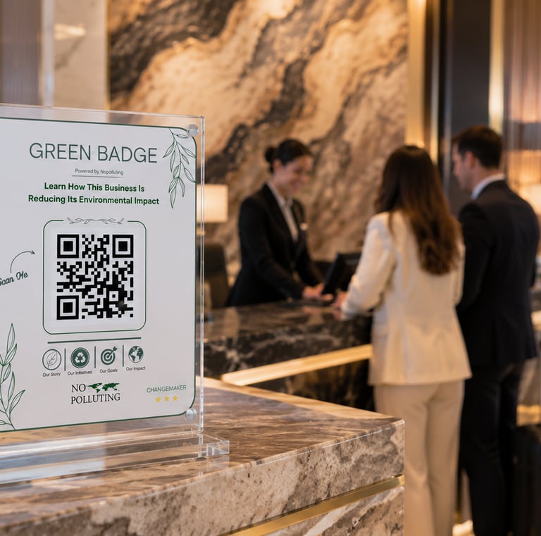 AI-generated photo of a hotel with Nopolluting's Green Badge. demonstration purpose.