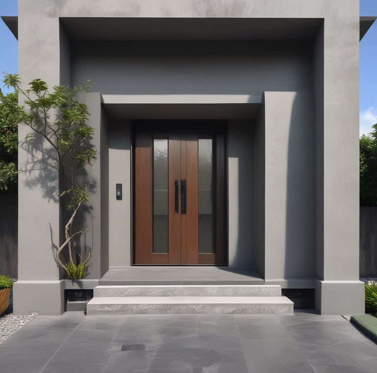 Entrance of a kost building with a welcoming sign in red and yellow tones.
